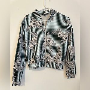 Green and White Striped Bomber with Peonies
